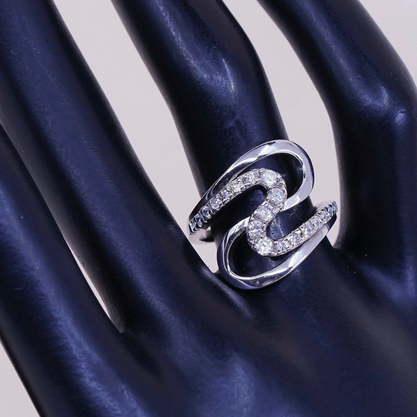 Size 7.25, Vintage sterling silver handmade wavy ring, engagement ring with cz