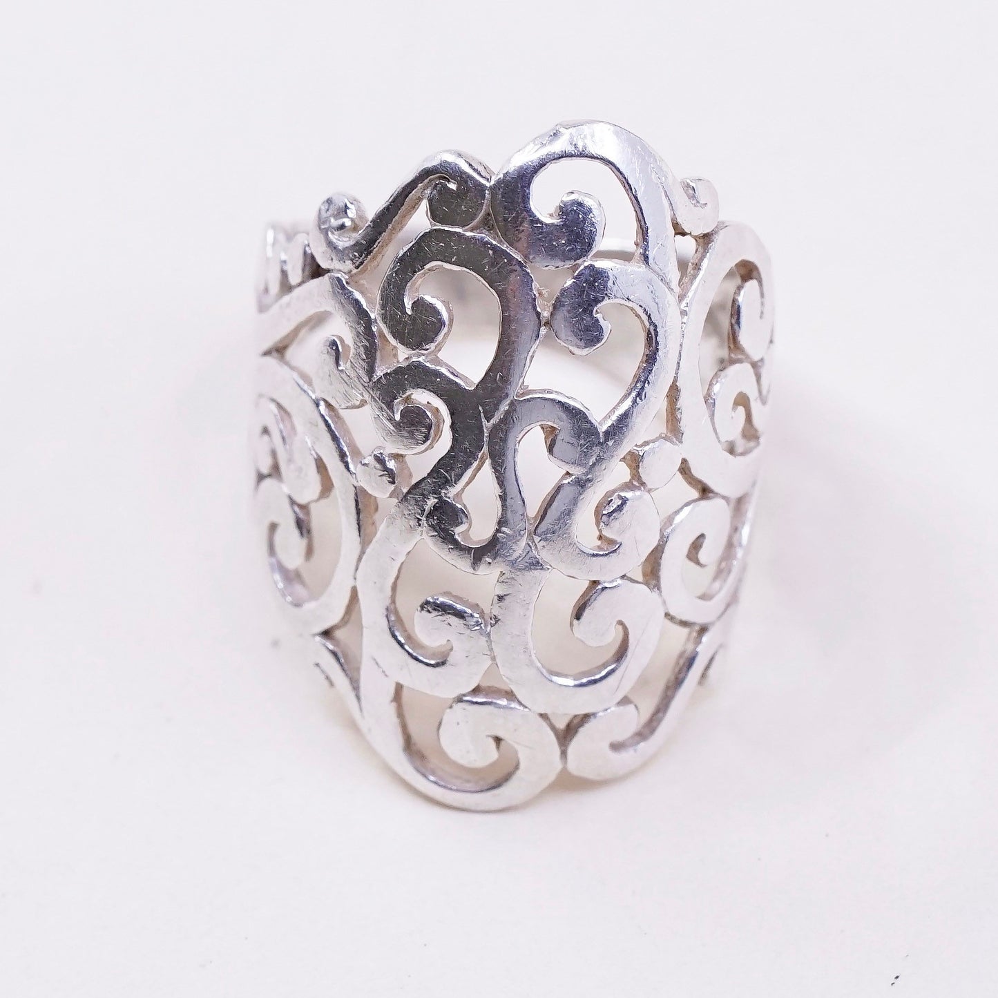 sz 5.5, vtg Sterling silver handmade ring, 925 wide band w/ Filigree swirl