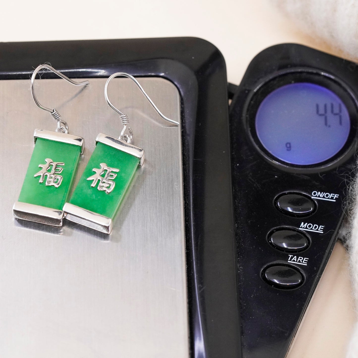 Sterling 925 silver handmade earrings with jade and Chinese character “blessed