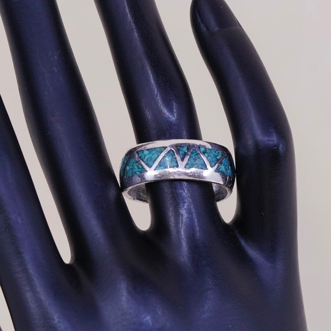 sz 11, Sterling silver handmade ring, 925 band w/ turquoise inlay, Zuni