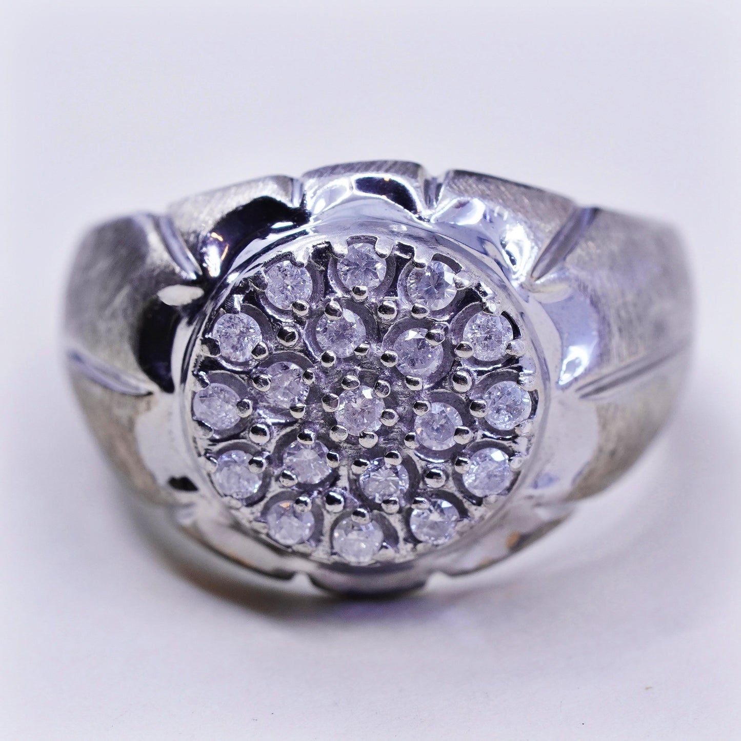 sz 10, vtg textured Sterling 925 silver statement ring w/ cluster real diamond