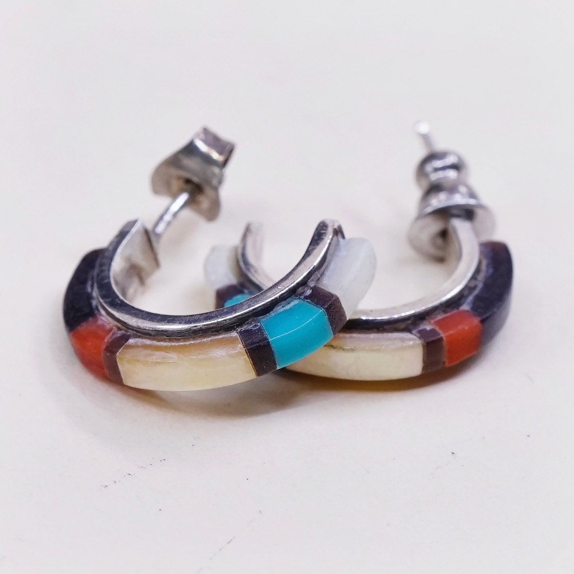 Native American Sterling 925 silver handmade earrings, Hoops with zuni studs