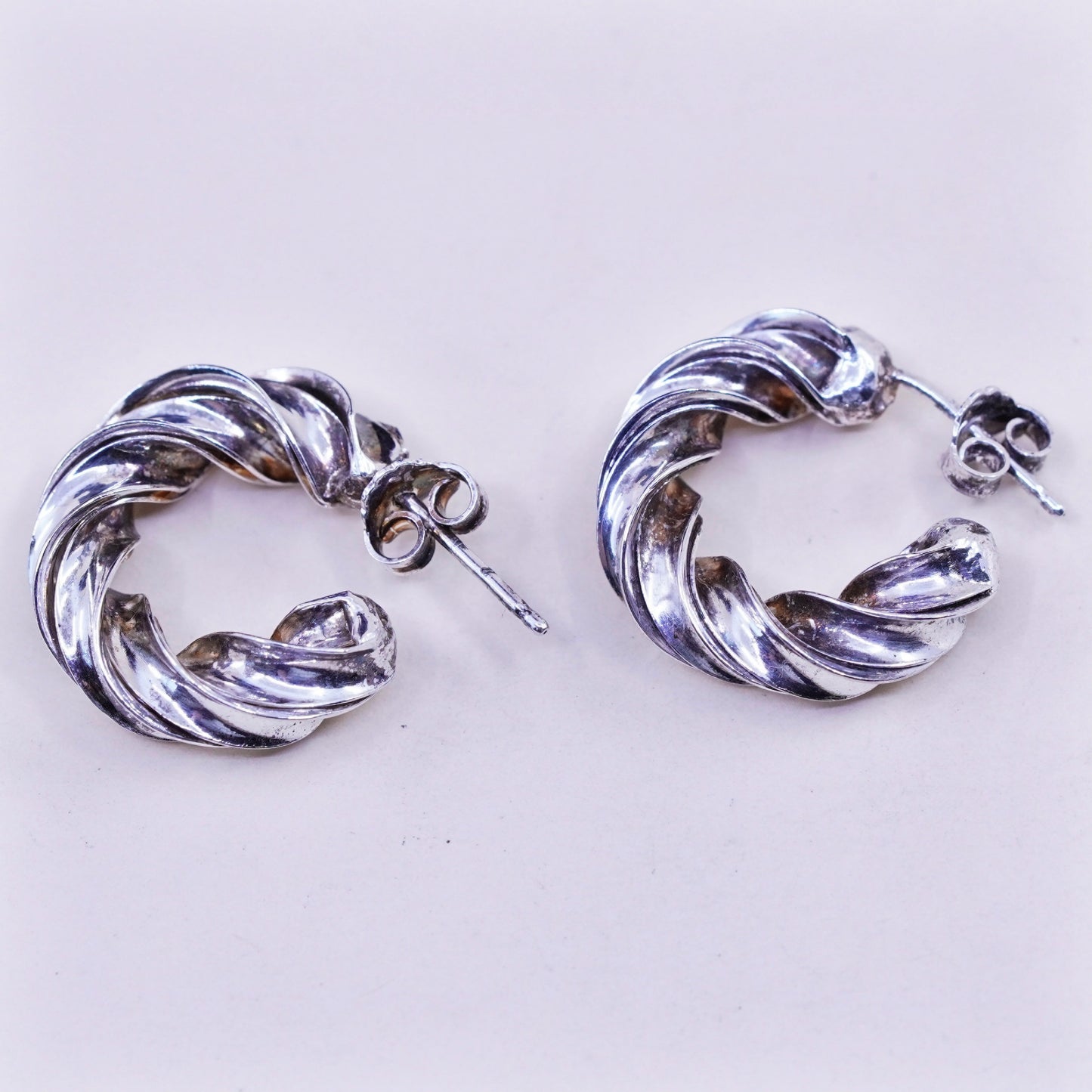 0.75”, Italy sterling silver huggie earrings, entwined twisted primitive hoops