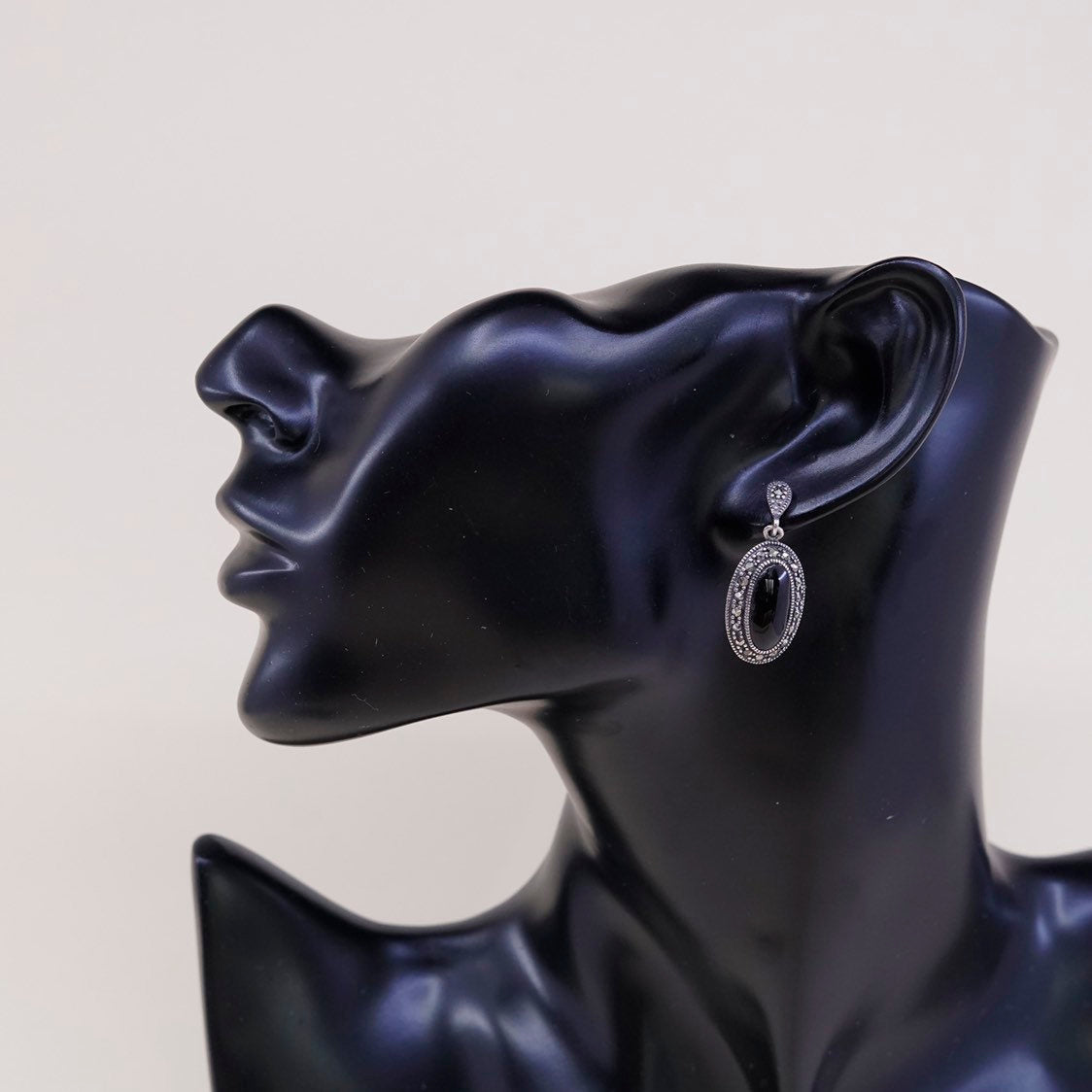 vtg Sterling silver handmade earrings, 925 drops w/ obsidian n marcasite