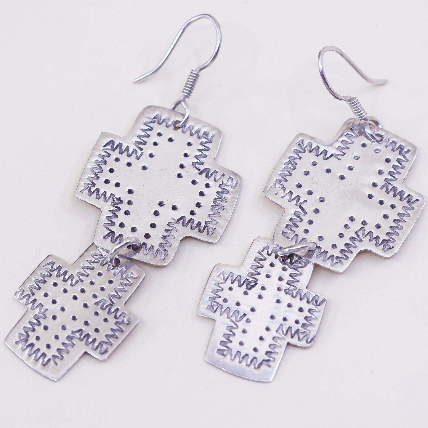 Vintage Sterling silver handmade earrings, huge textured 925 cross dangles
