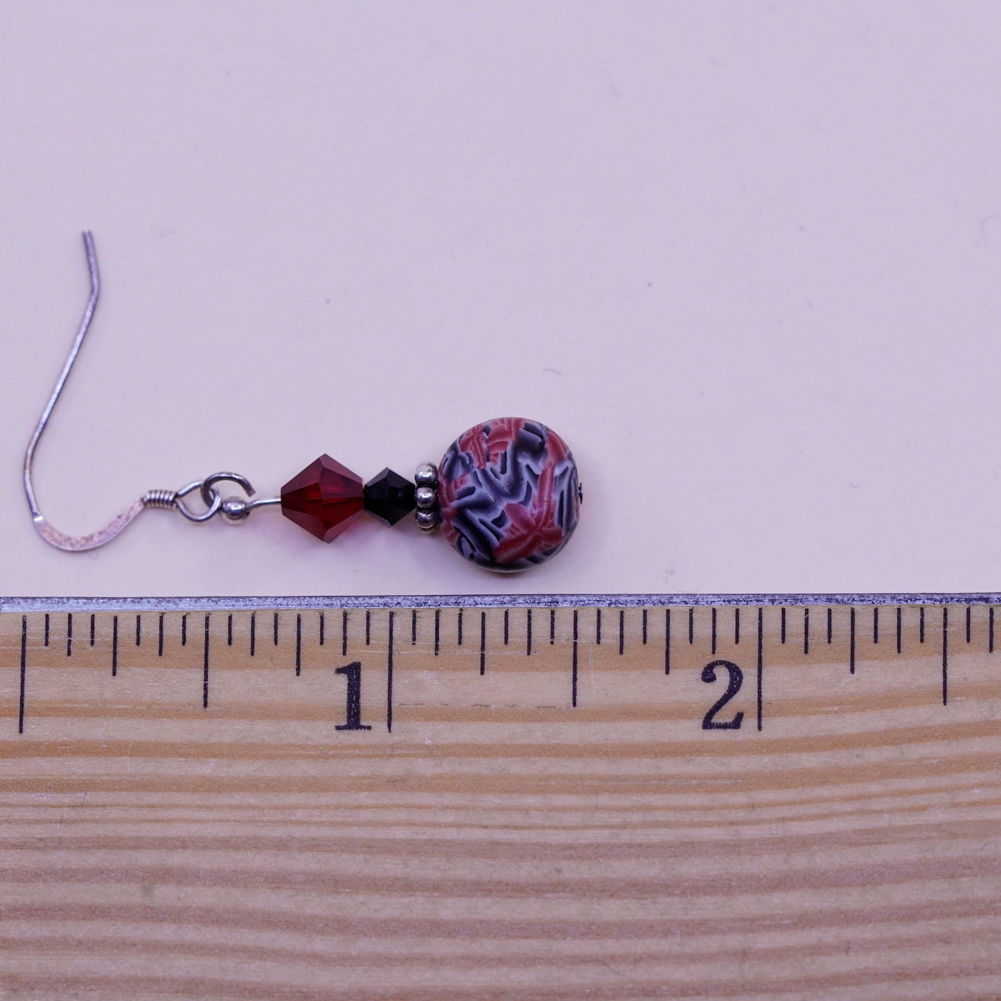 Vintage sterling silver handmade earrings with red crystal beads and resin