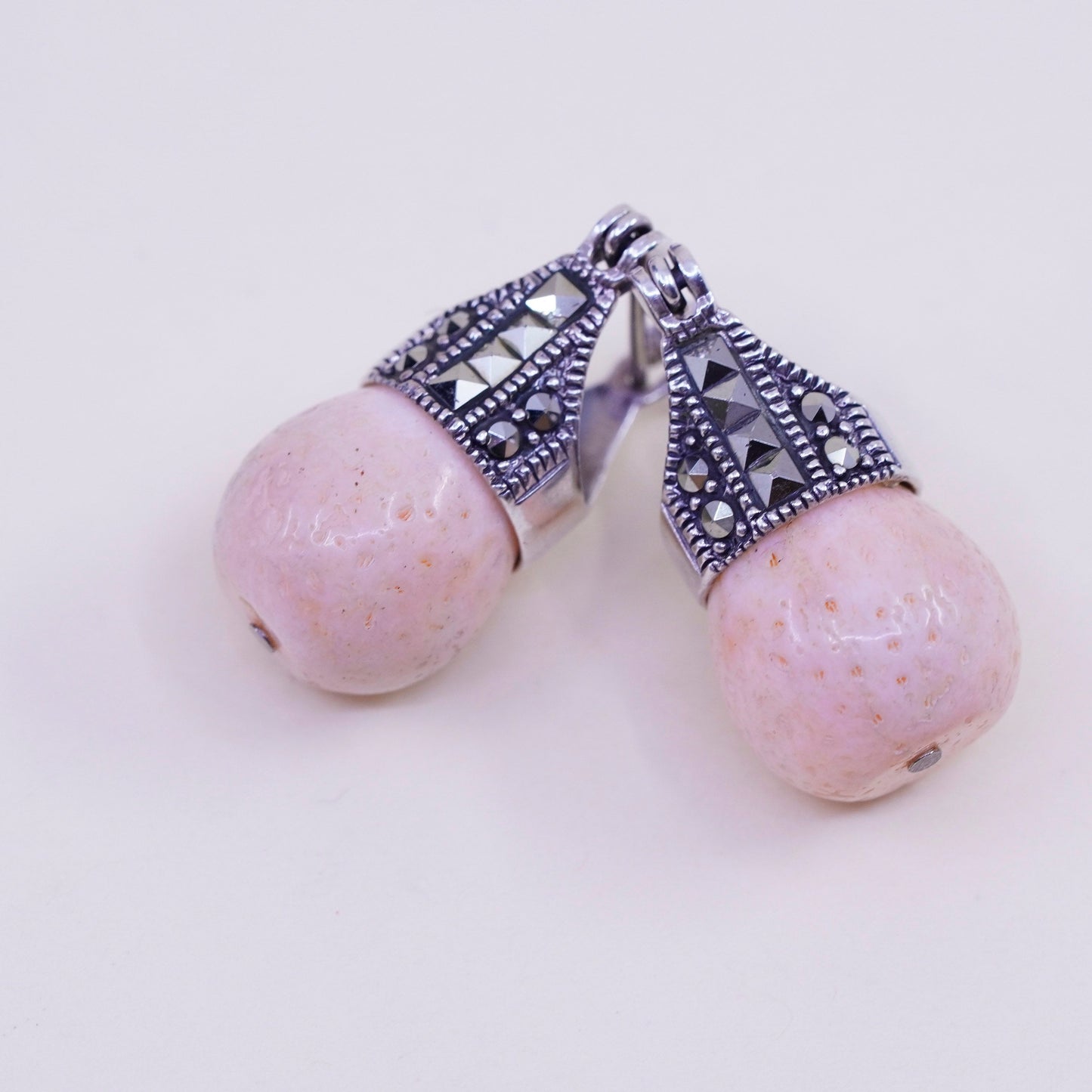 Vintage sterling 925 silver handmade earrings, coral with marcasite details