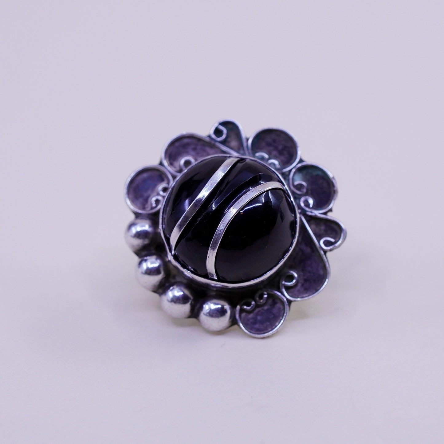Vintage sterling 925 silver handmade screw back earrings with obsidian inlay