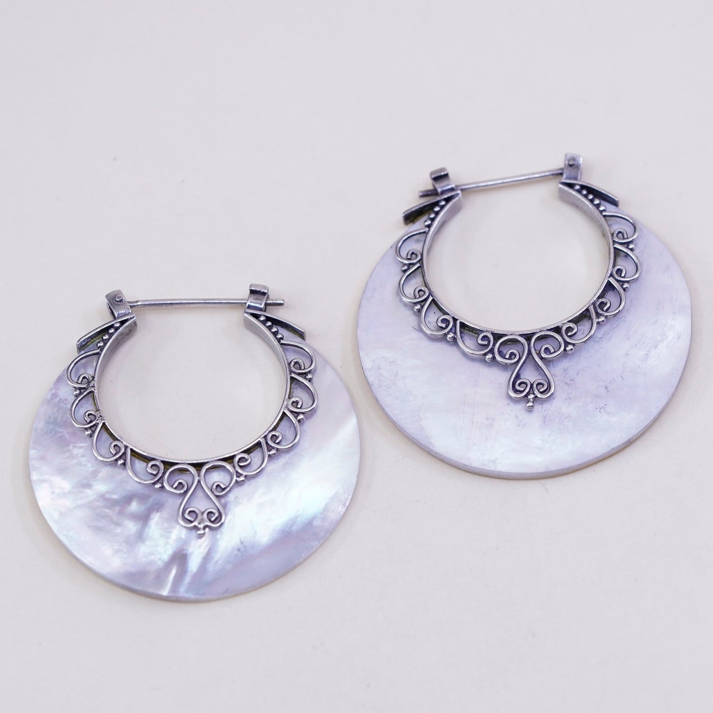 Indonesia sterling 925 silver handmade earrings, huge mother of pearl circle