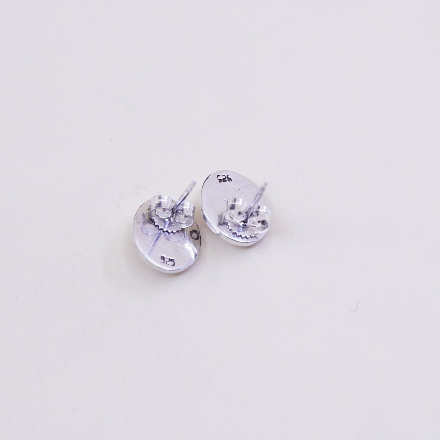 sterling silver handmade earrings, 925 studs with oval shaped blue cats eye