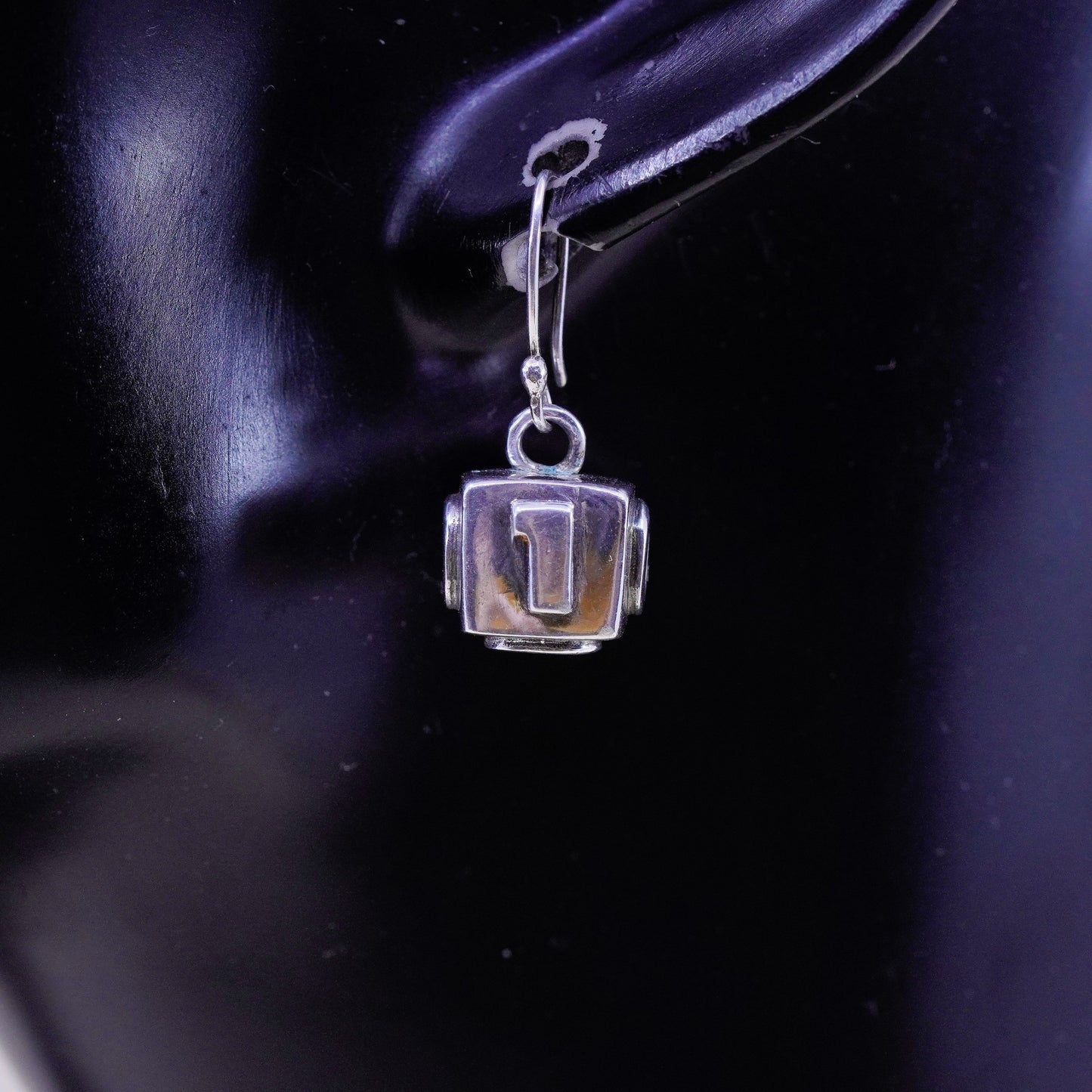 Vintage Sterling 925 silver handmade earrings, cube dangle with 0101 relief
