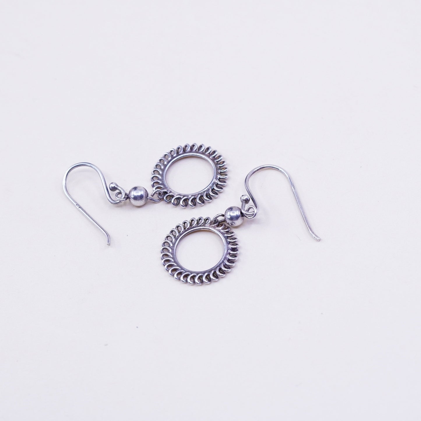 Vintage sterling silver handmade earrings, 925 textured circles dangle