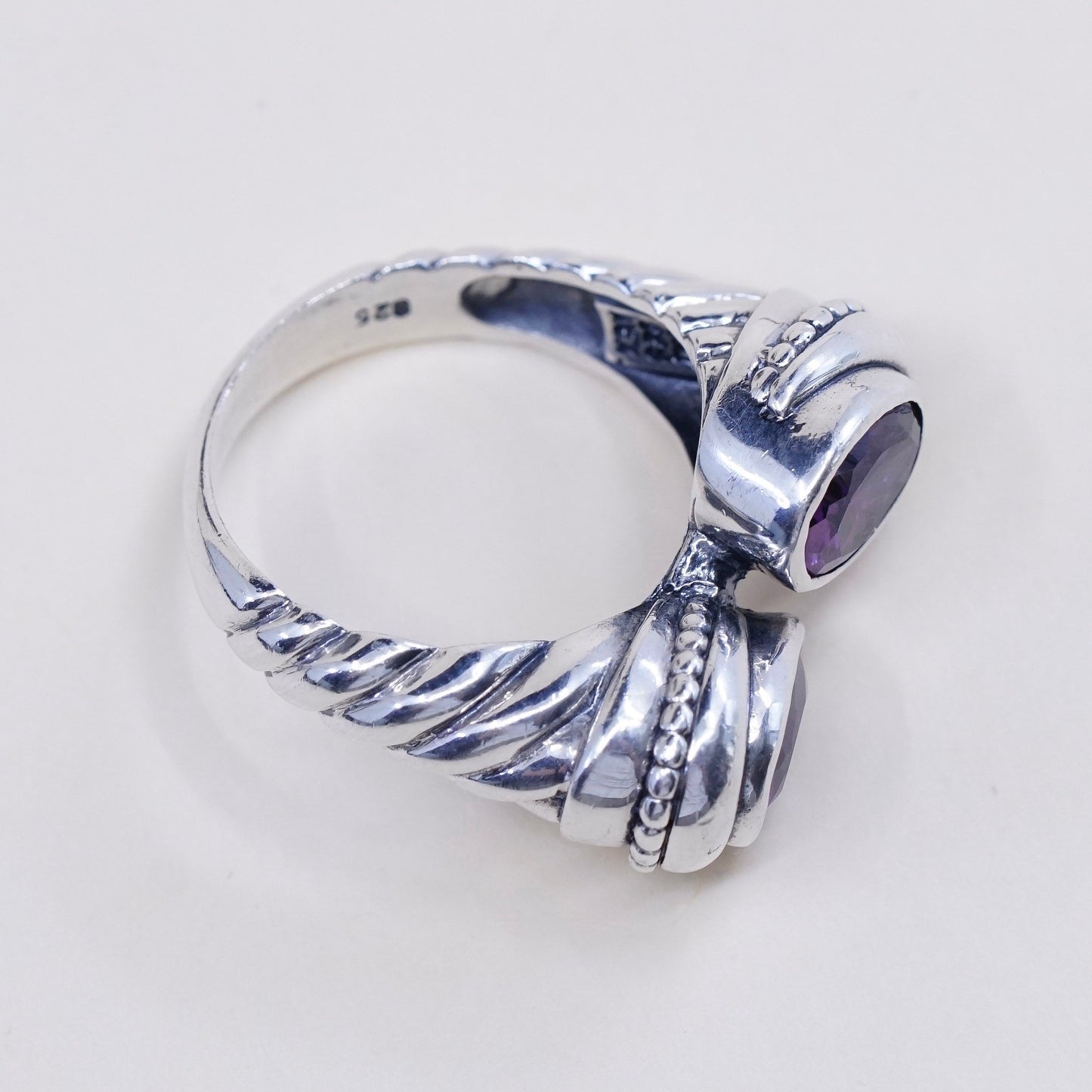 Size 7, vtg JRY sterling silver handmade ring, mexico 925 cable with amethyst