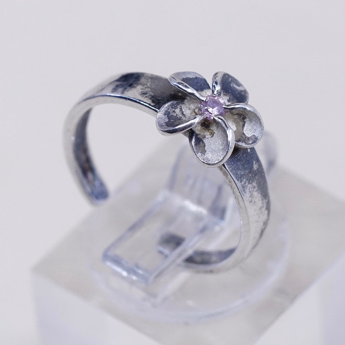 Size 4, Vintage sterling 925 silver plumeria flower with pink Cz ring