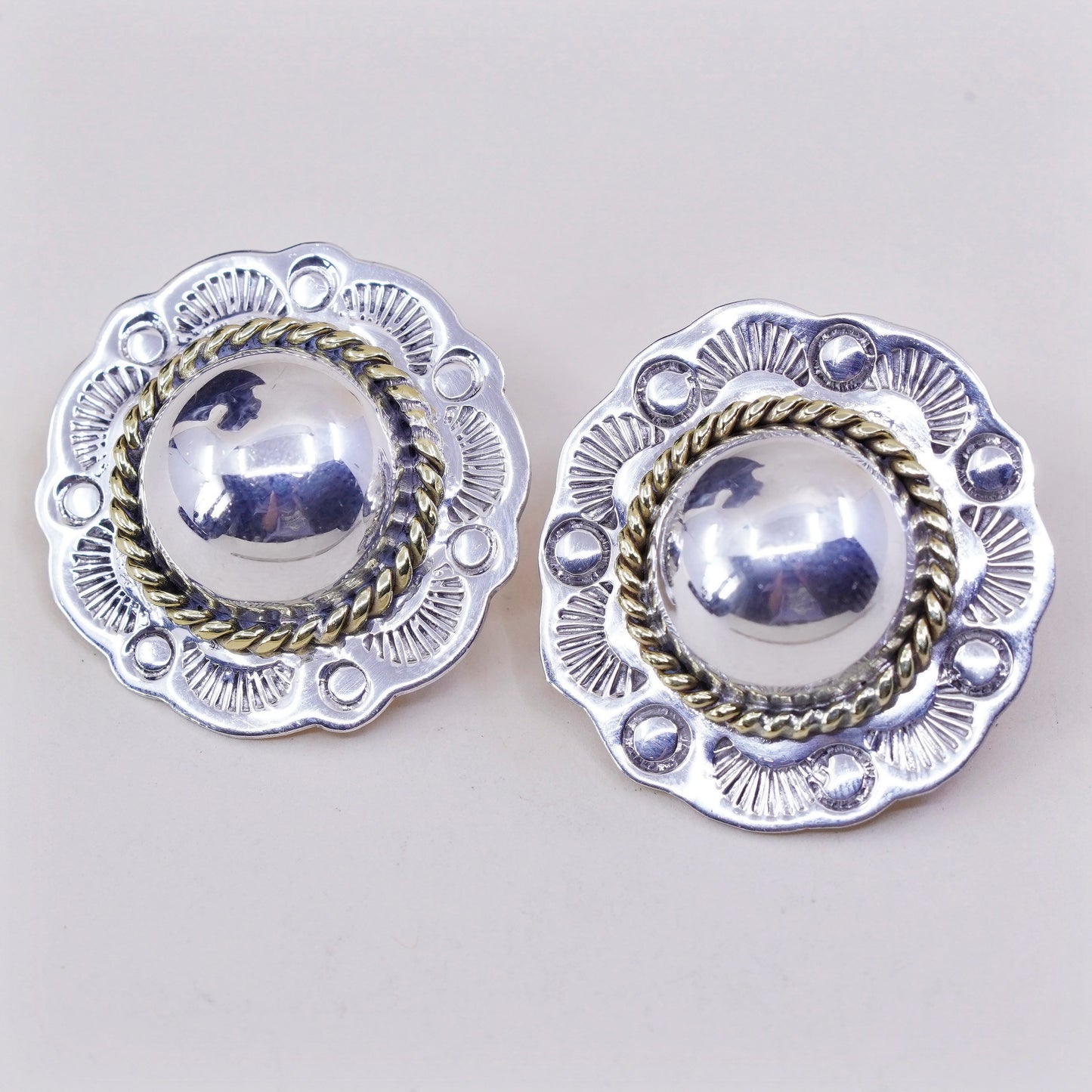 Vintage two tone Sterling silver clip on earrings, 925 flower with copper cable