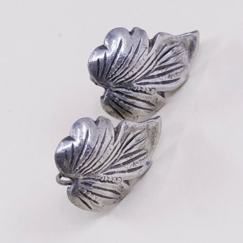 Vtg 925 Silver Handmade Screw Back Earrings Leaf Wings, Stamped Sterling