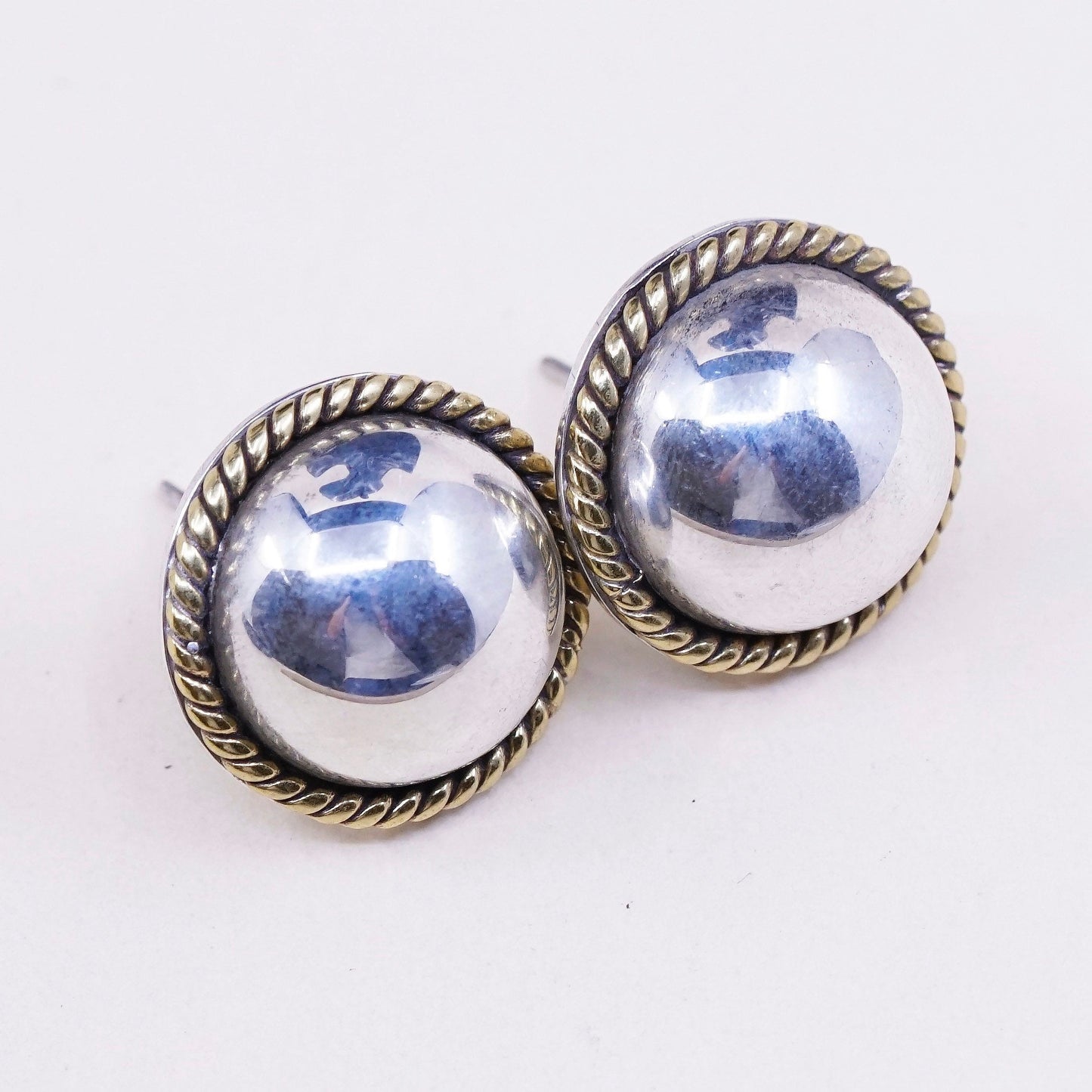 0.5”, vtg sterling silver button studs, handmade 925 earrings with brass rope