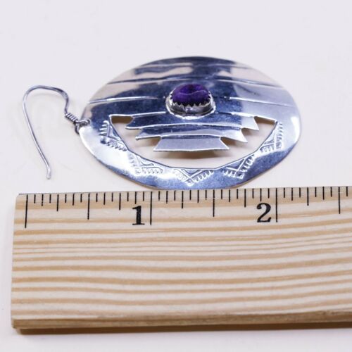 NAVAJO Native American handmade Sterling 925 Silver Huge Disc earrings W/ Purple