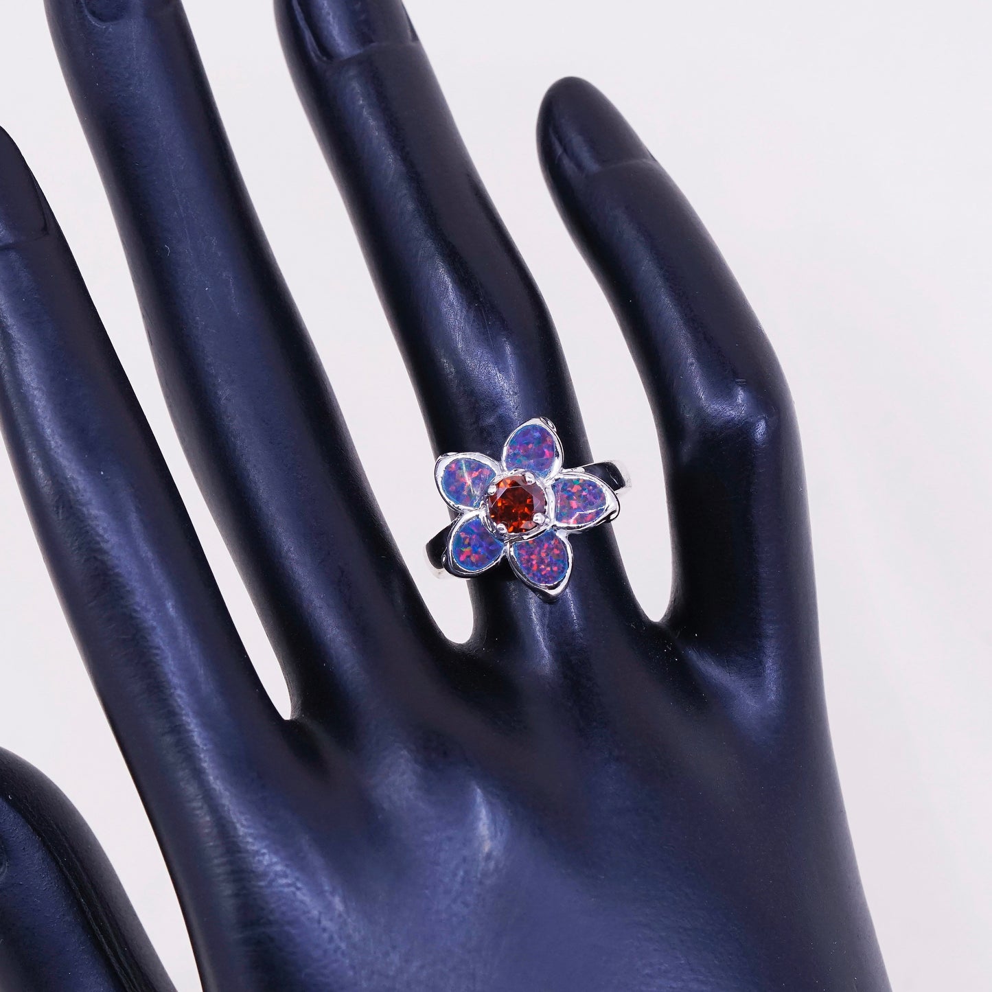 sz 6, Sterling 925 silver handmade flower ring w/ fire opal and ruby