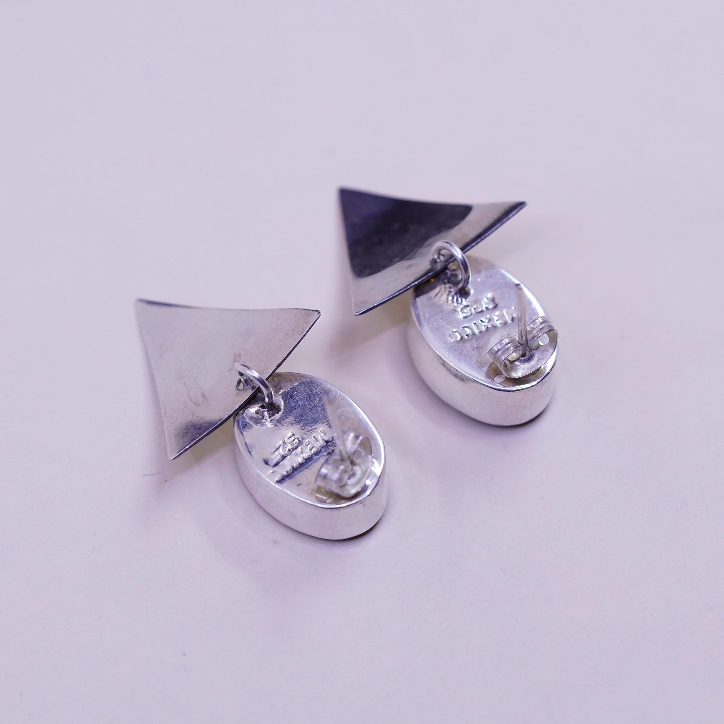 Mexico sterling 925 silver handmade earrings oval malachite triangular dangled