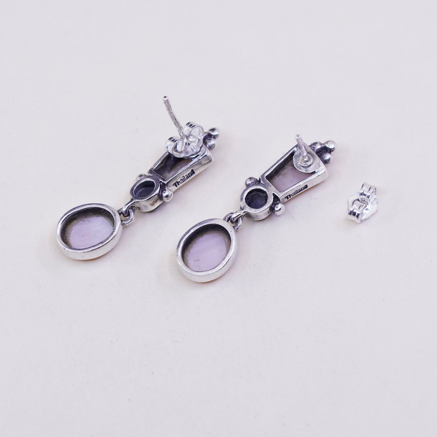 Vintage Sterling 925 silver handmade earrings with mother of pearl and obsidian