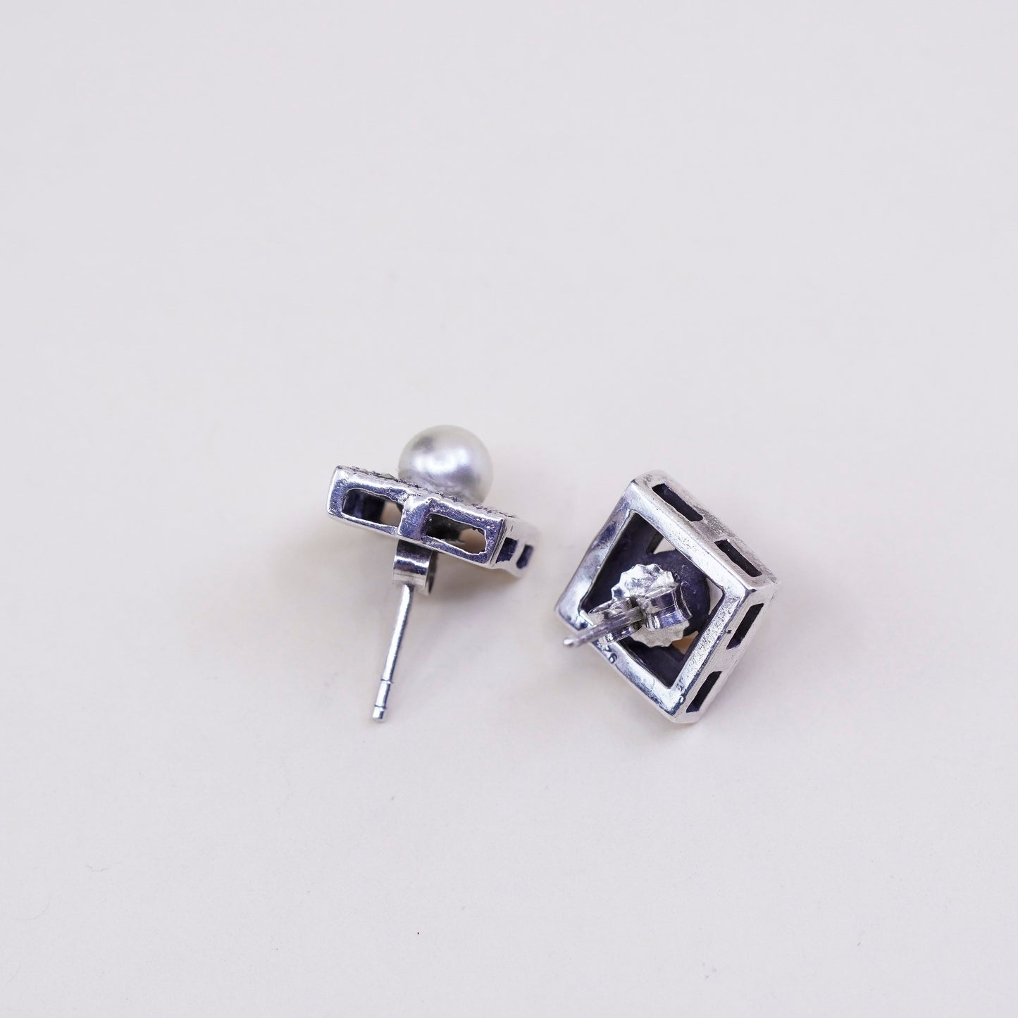 Vintage sterling silver earrings, 925 square studs with pearl and marcasite