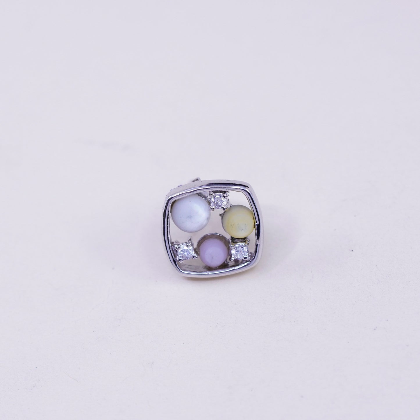 Vintage sterling 925 silver studs, square earrings with moonstone and cz