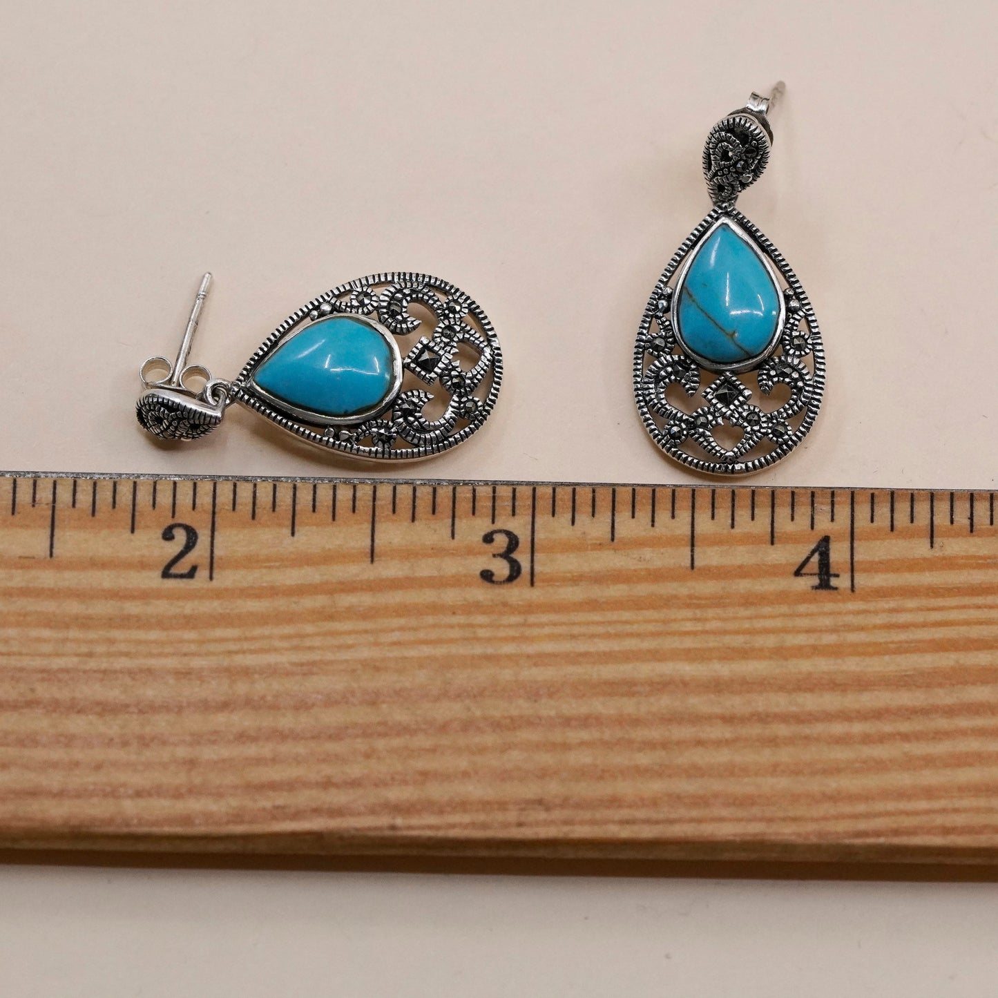 Vintage Sterling 925 silver handmade earrings with teardrop turquoise marcasite