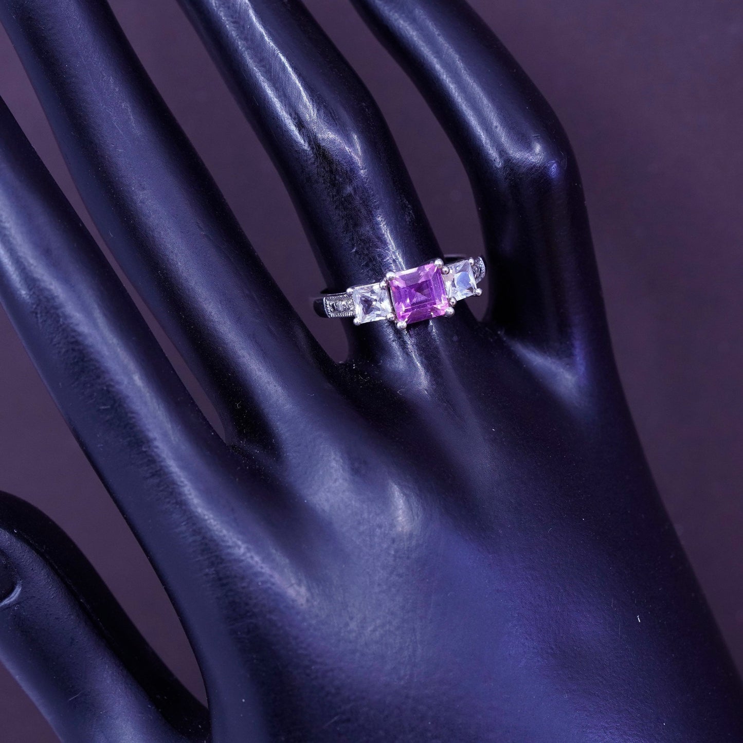 Size 6.5, vintage Sterling 925 silver ring with pink and clear cz