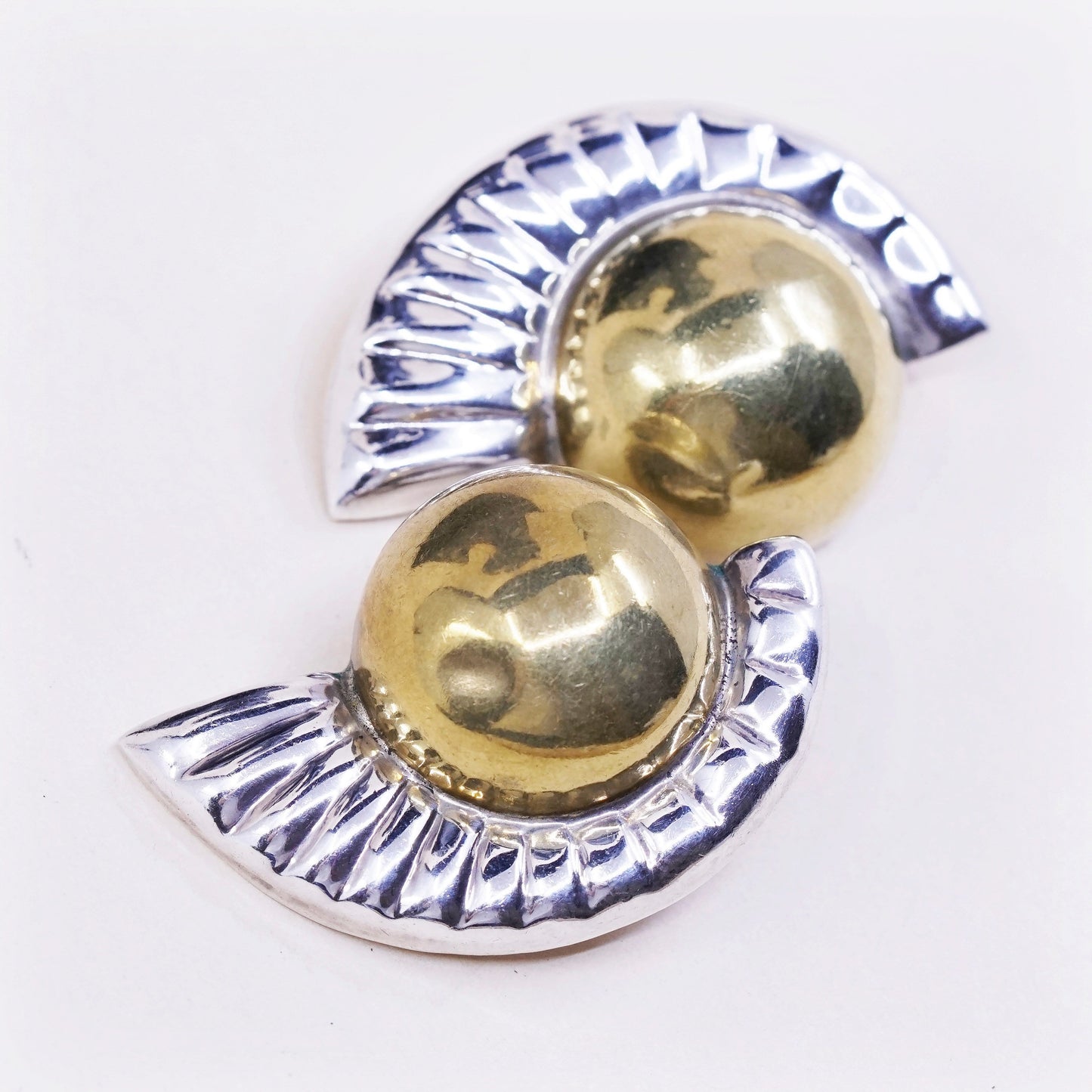 two tone Sterling silver w/ brass ribbed earrings, taxco 925 wavy clip on