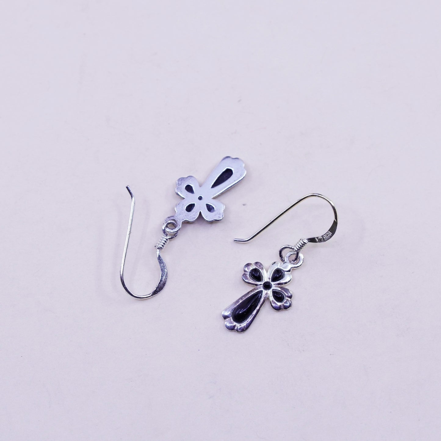 Vintage Sterling silver handmade earrings, 925 cross with obsidian, cute