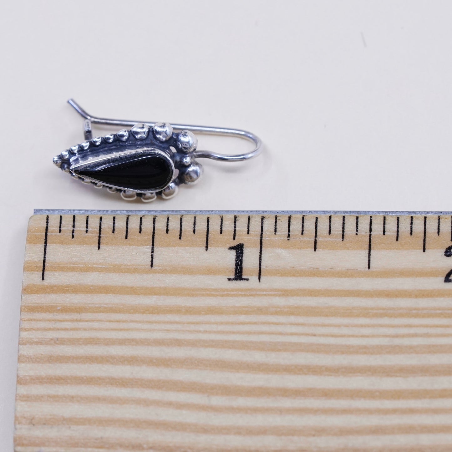 Vintage Sterling silver handmade earrings, 925 teardrop obsidian with beads