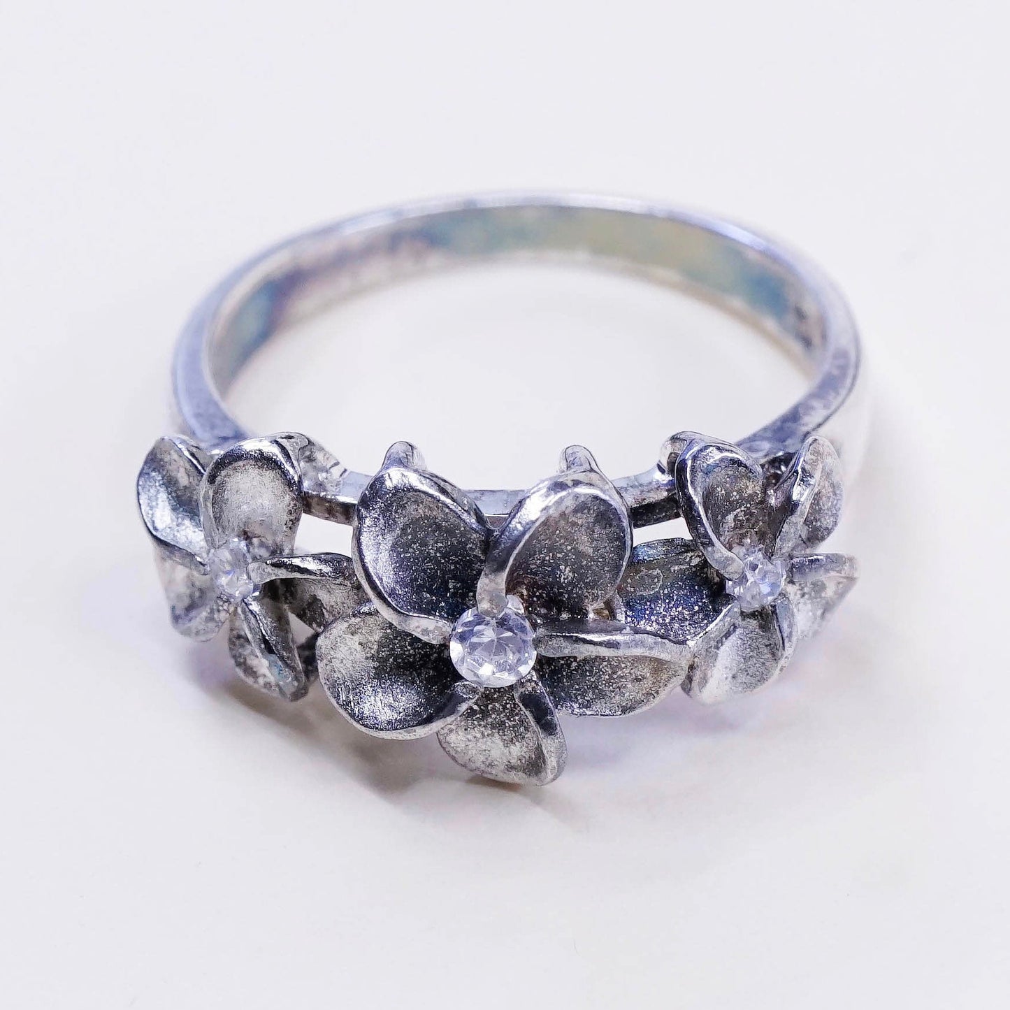 sz 6, vtg sterling silver plumeria flower with crystal ring, 925 silver ring