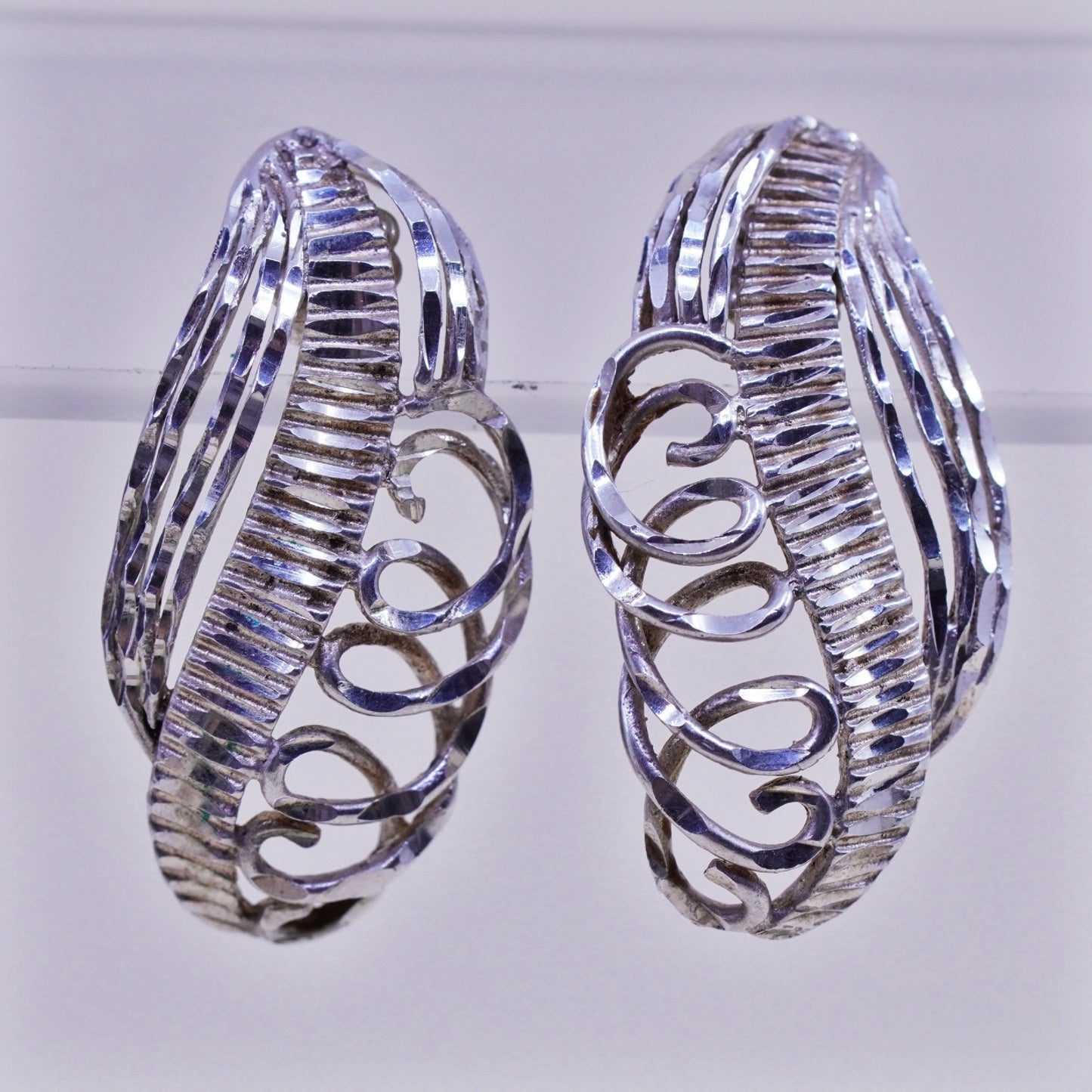 Vintage sterling silver handmade earrings, 925 studs with filigree swirly