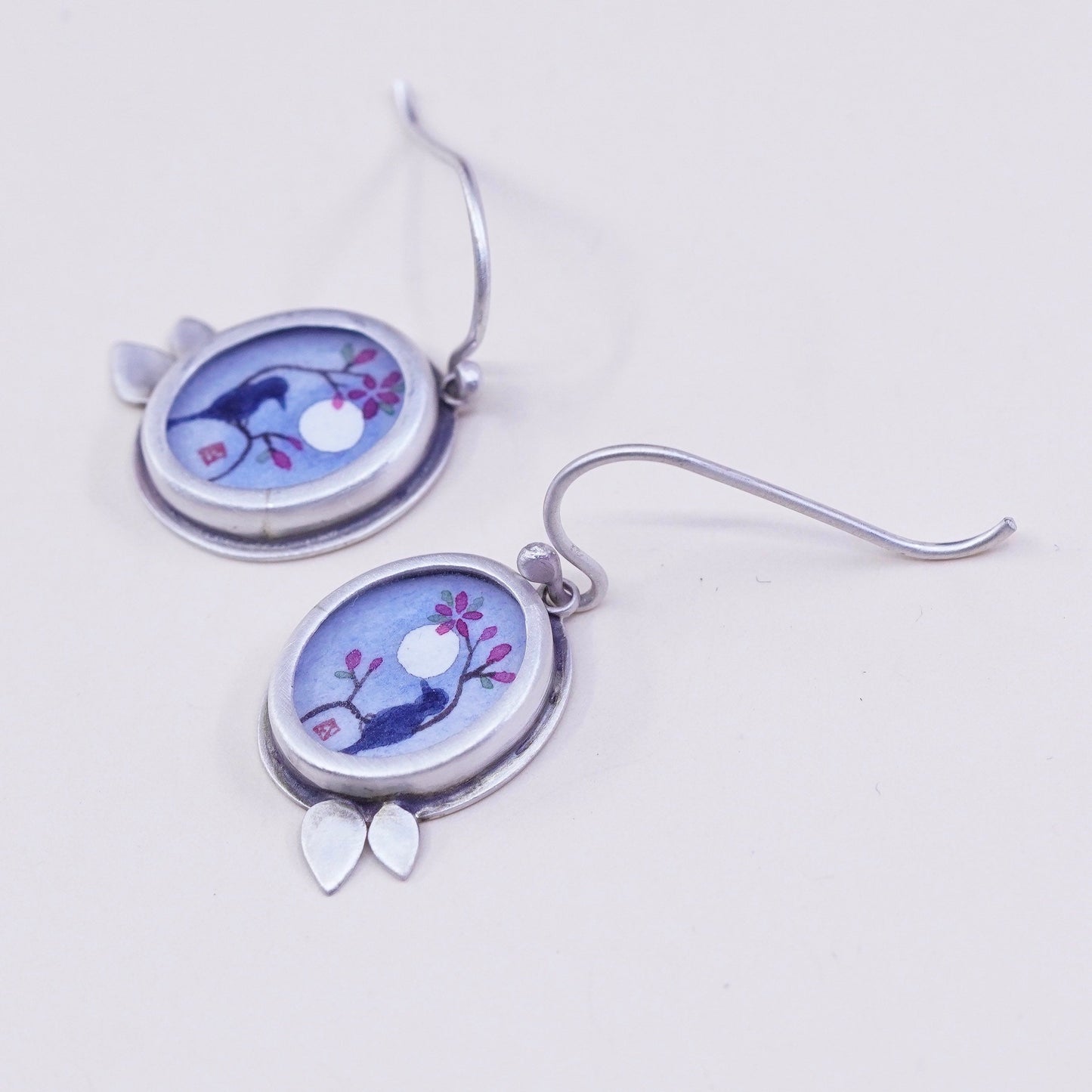 Designer Ananda KHALSA Sterling 925 silver handmade earrings, watercolor blue bird with Raven Petal, stamped 925 A