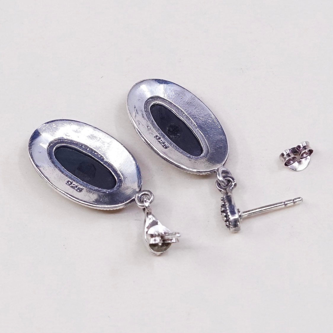 vtg Sterling silver handmade earrings, 925 drops w/ obsidian n marcasite