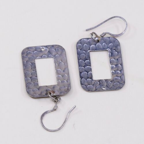 vtg Modernist Hammered Sterling 925 Silver Square Dangles Earrings, Stamped 925