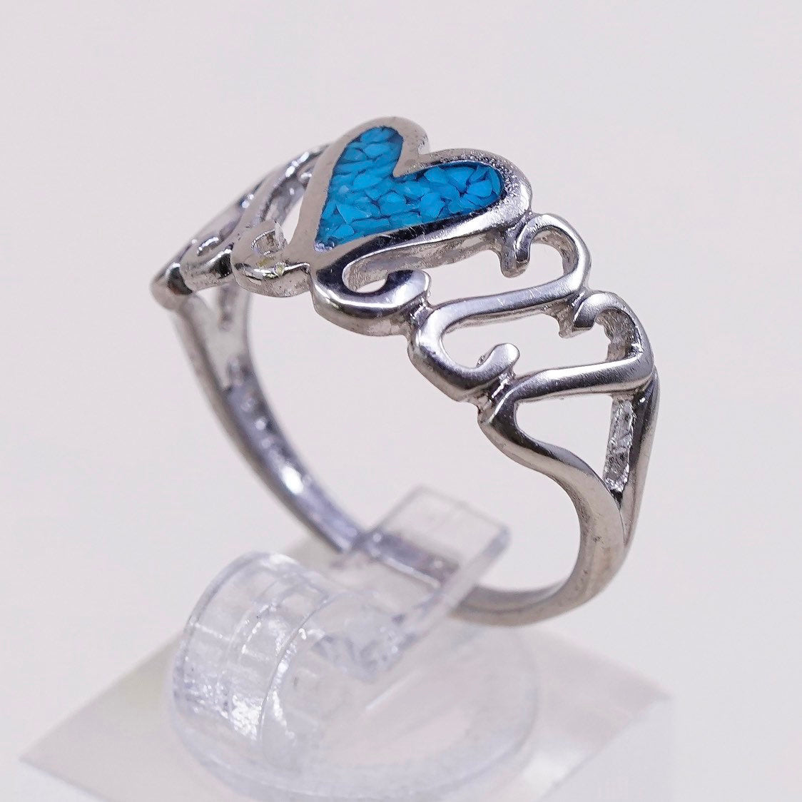 sz 9, vtg Sterling silver handmade ring, 925 band w/ turquoise heart