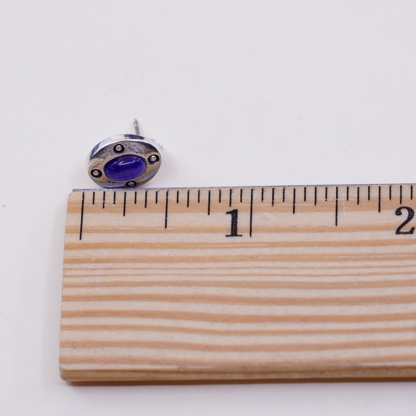 sterling silver handmade earrings, 925 studs with oval shaped blue cats eye