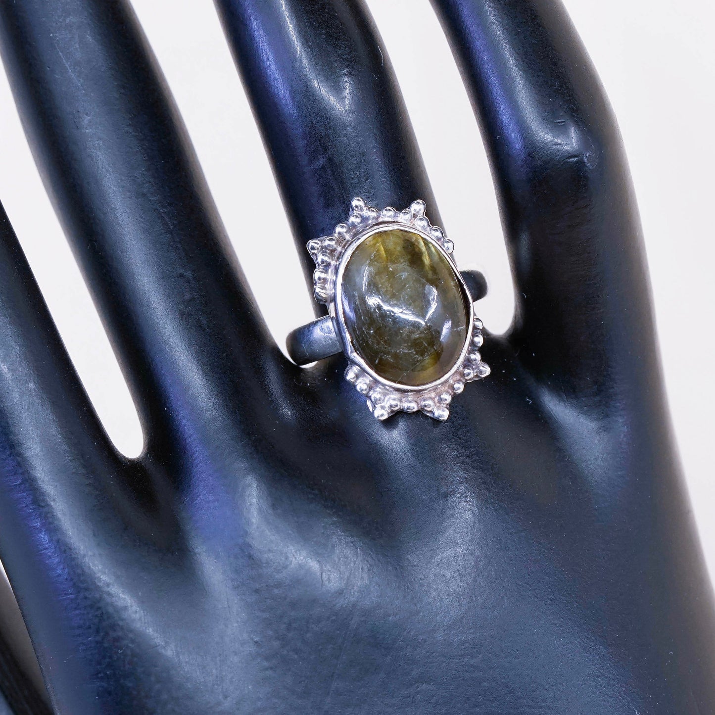 sz 7.5, vtg Sterling silver handmade ring, 925 w/ oval labradorite N beads
