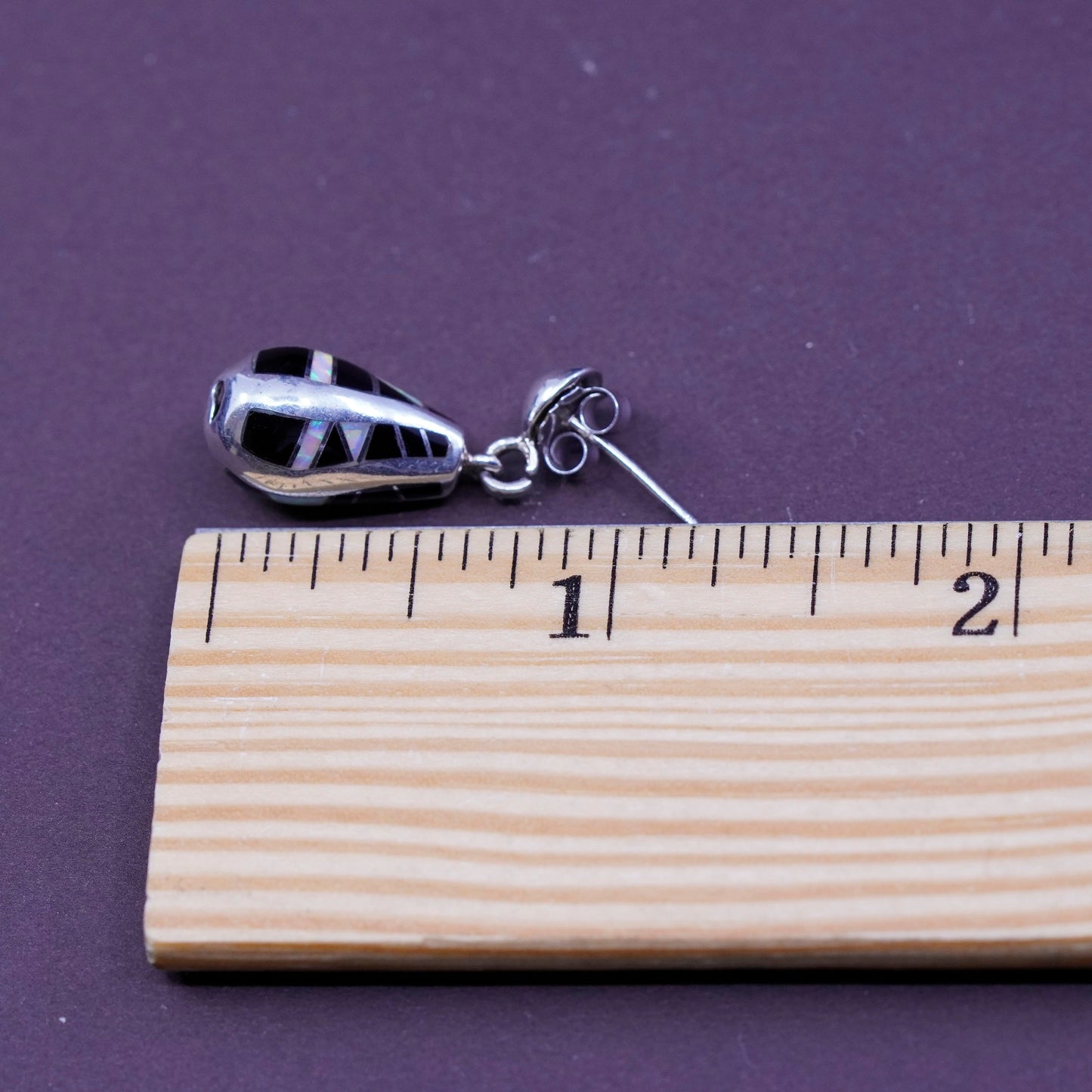 Native American sterling silver earrings, zuni 925 teardrop w/ obsidian opal