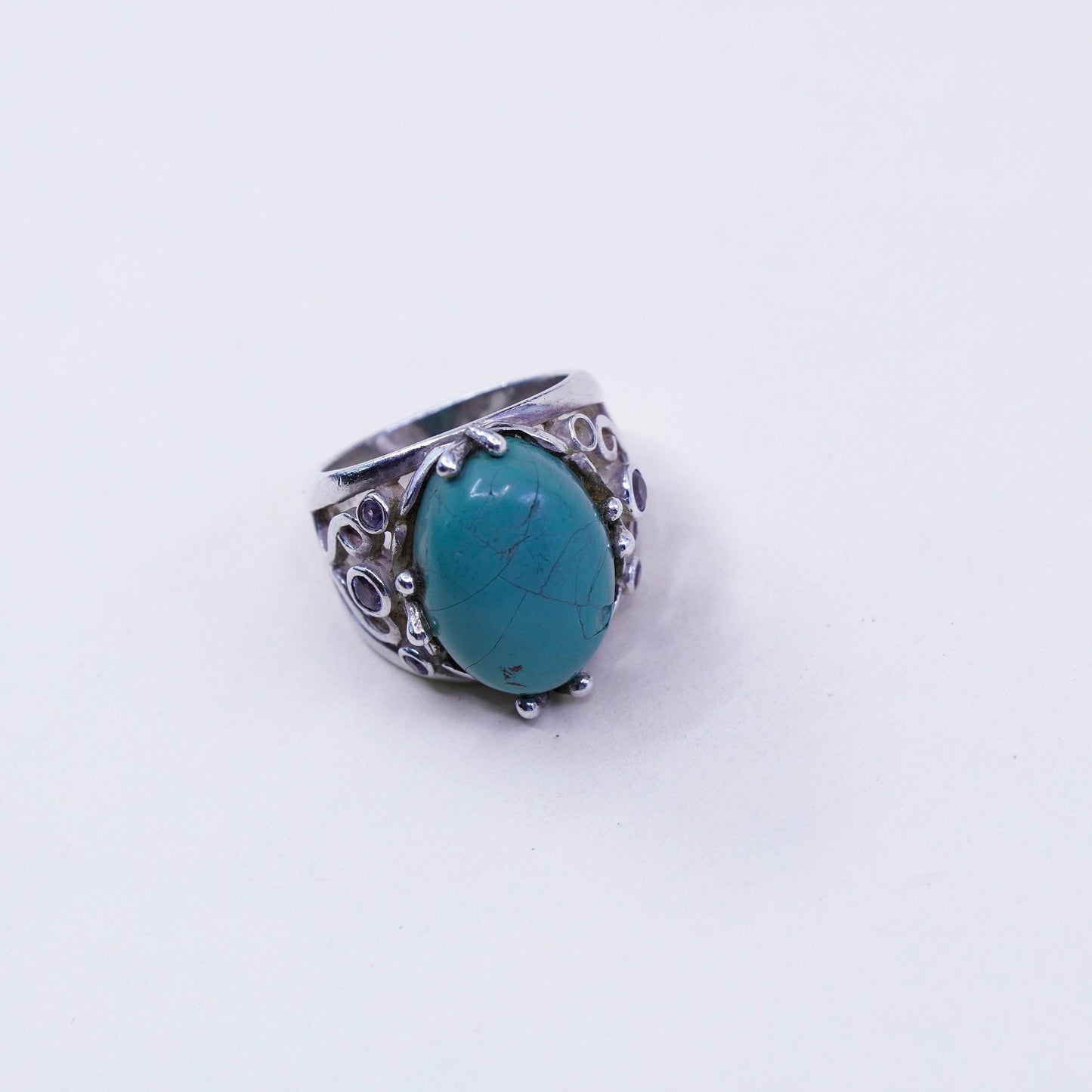 Size 7.25, Vintage sterling 925 silver filigree ring w/ turquoise and amethyst