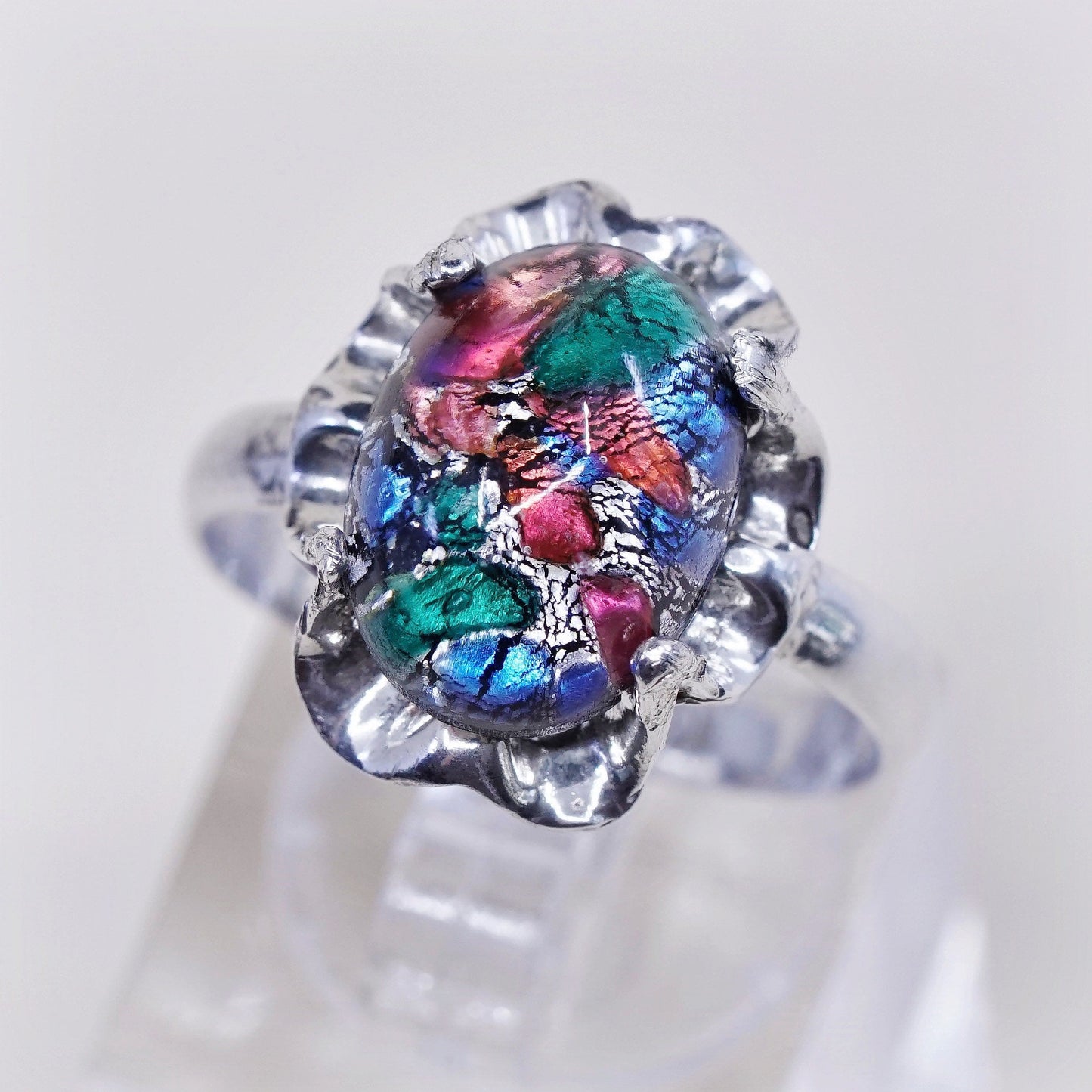 Size 9, vintage mexico sterling 925 silver handmade crown ring w/ foiled glass
