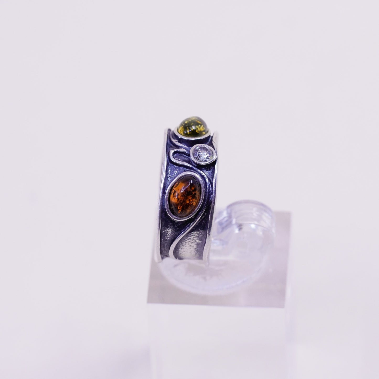 Size 6, Vintage sterling 925 silver handmade ring with Amber and cz