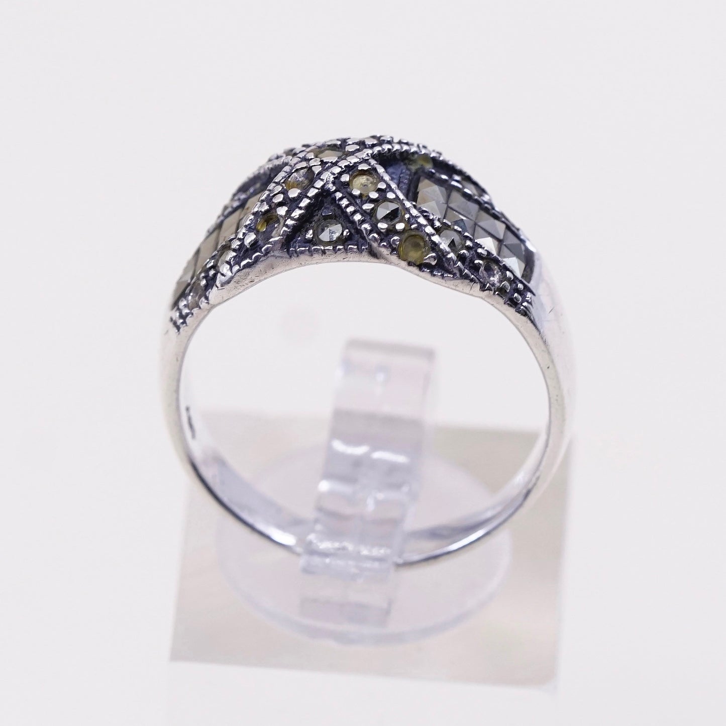 sz 9, vtg Sterling silver handmade ring, 925 cross band w/ beads, stamped 925