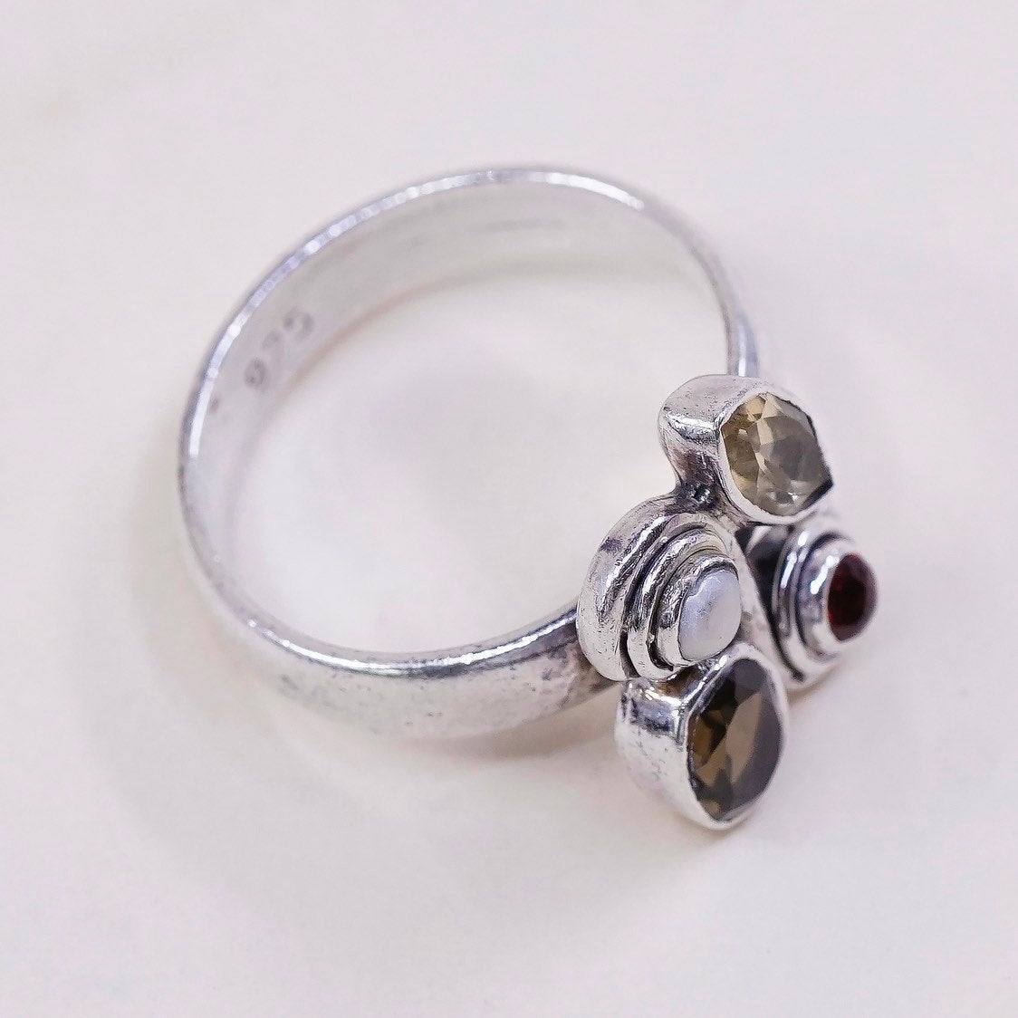 sz 8.5, vtg sterling silver handmade ring, 925 ring w/ topaz, citrine, pearl