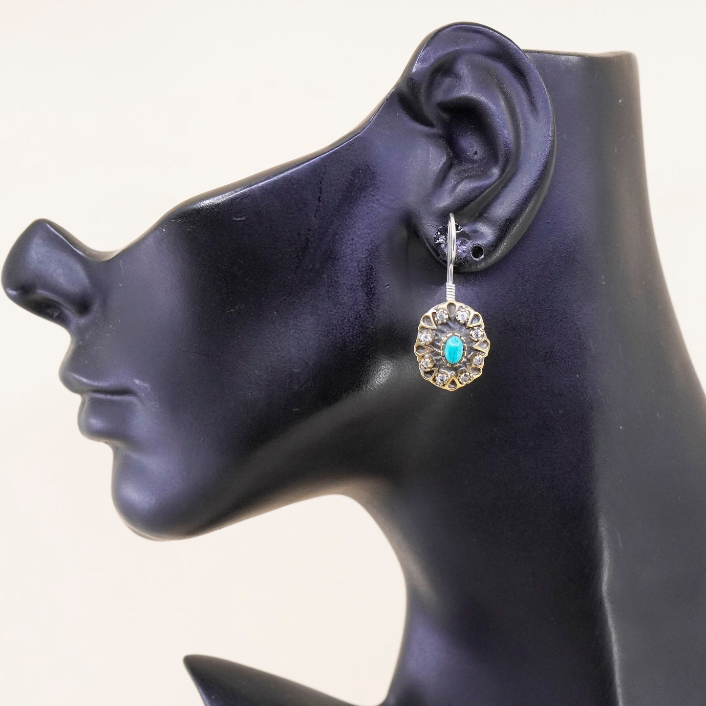 Vintage two tone sterling 925 silver handmade teardrop earrings w/ turquoise cz