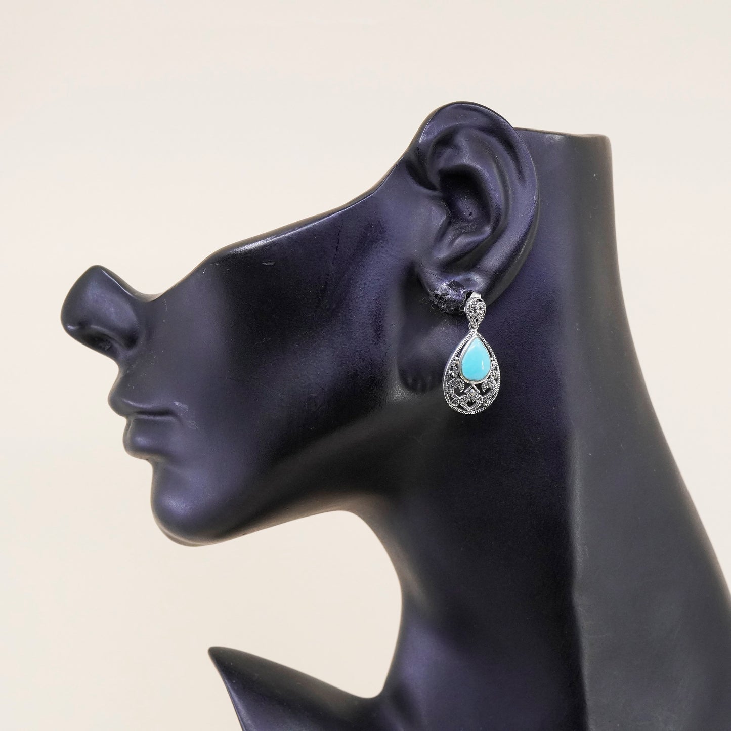 Vintage Sterling 925 silver handmade earrings with teardrop turquoise marcasite
