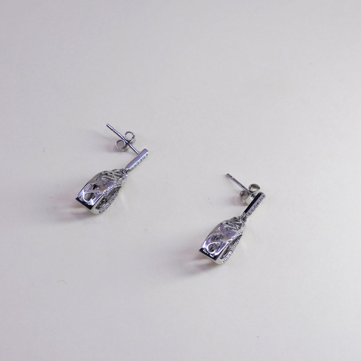Vintage sterling 925 silver handmade earrings with dancing CZ