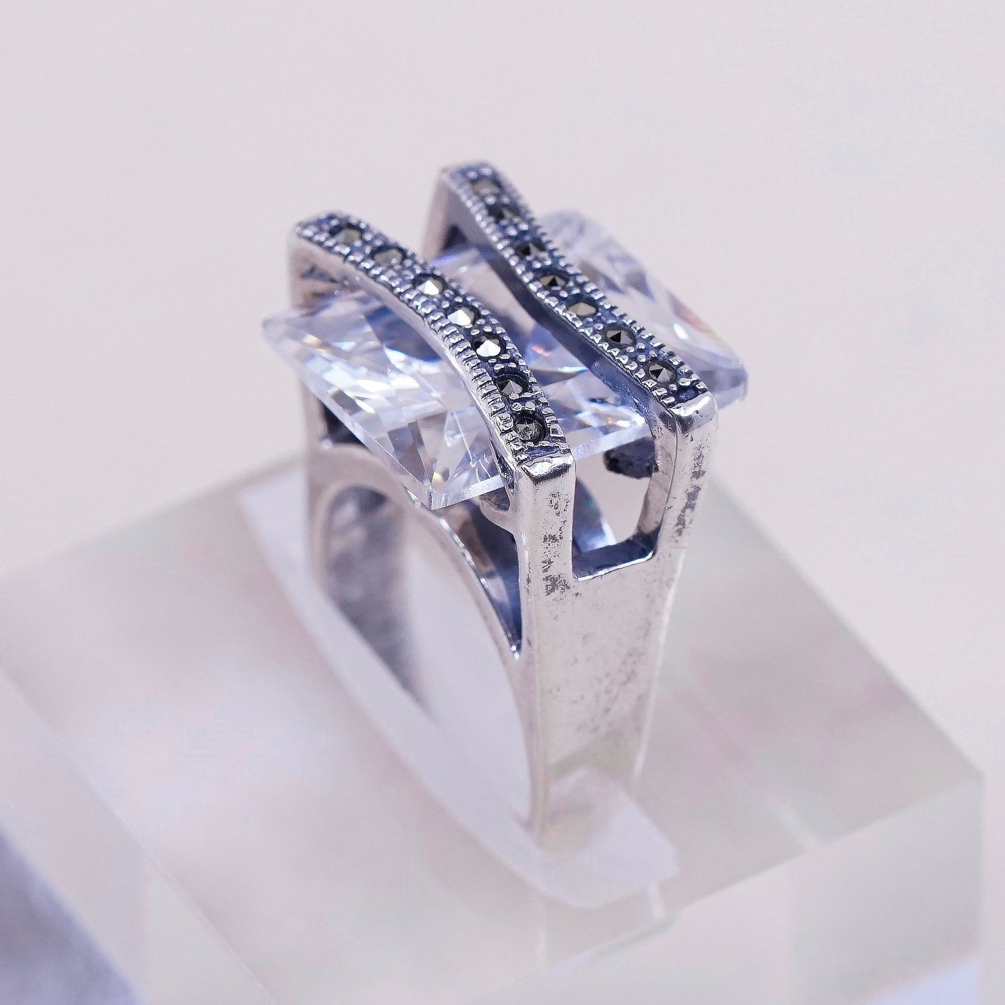 sz 4.75, vtg Sterling silver handmade cocktail ring w/ CZ and marcasite